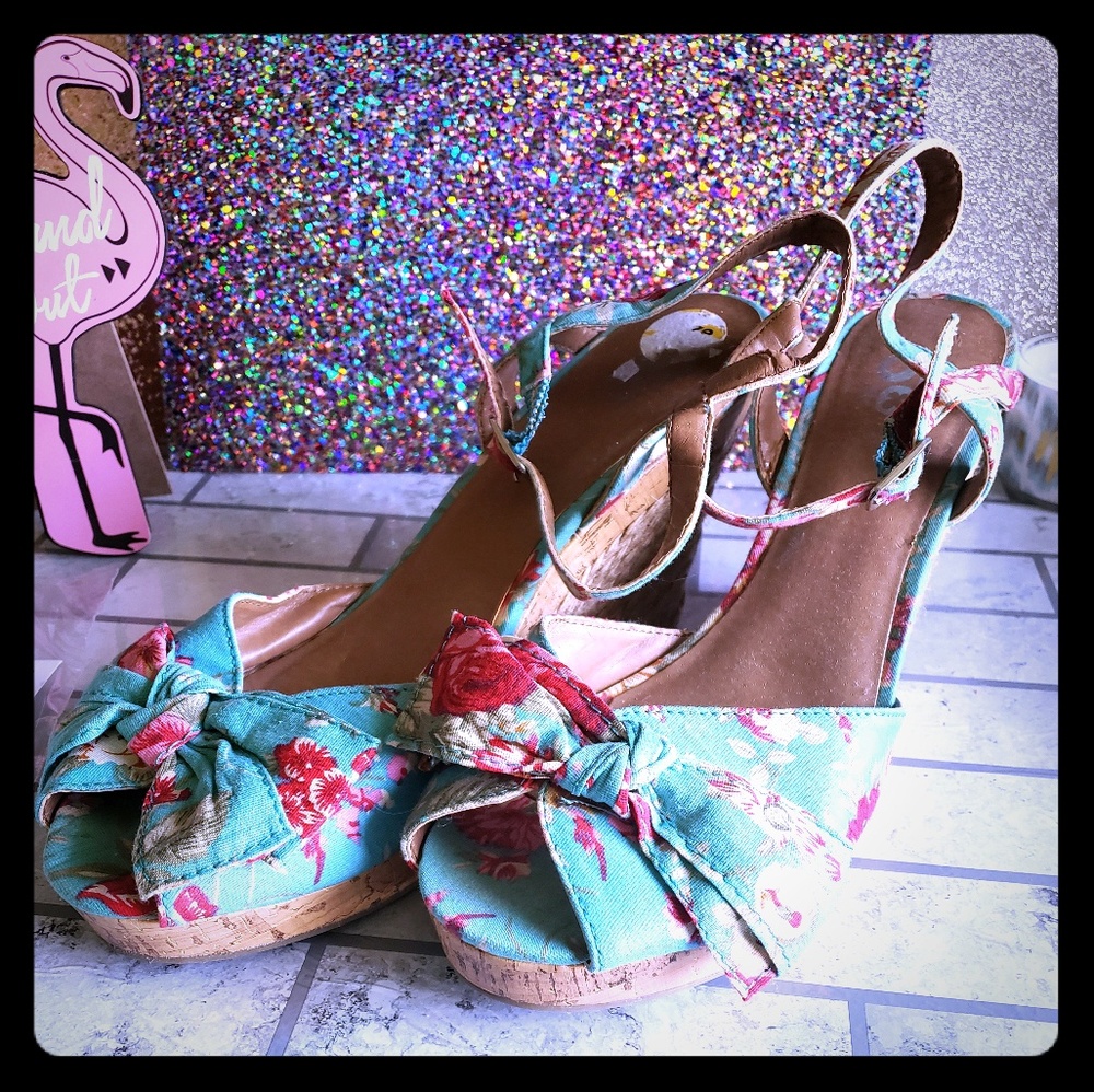 Peep toe wedge sandals teal and floral